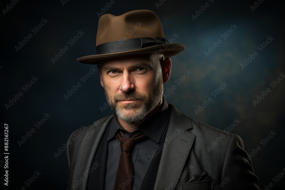 Portrait of a content man in his 40s donning a classic fedora in plain cyclorama studio wall Portrait of a content man in his 40s donning a classic fedora in plain cyclorama studio wall