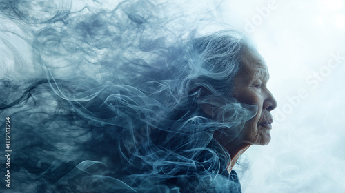 Elderly Woman's Face Blending With Smoke: Surreal Portrait Depicting Memory Loss And Identity Dissolution Concept