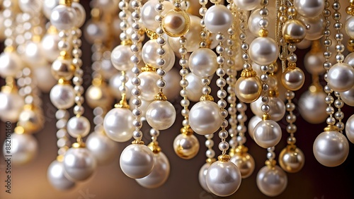 Elegant shimmering white and gold pearl beaded curtain with a blurred background