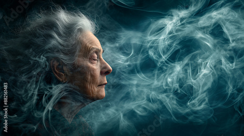 Elderly Woman's Face Blending With Smoke: Surreal Portrait Depicting Memory Loss And Identity Dissolution Concept