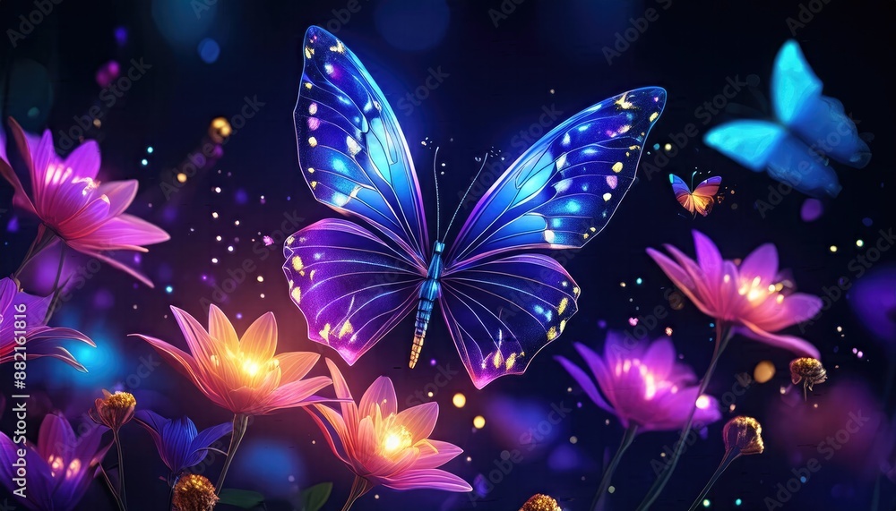 Neon butterfly, butterfly and flowers, neon light butterfly and colorful neon lights flower, particles background Neon butterfly, butterfly and flowers, neon light butterfly and colorful neon lights flower, particles background
