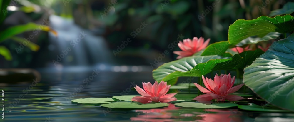 Colorful lotus flowers and lotus leaves floating in a serene pool Colorful lotus flowers and lotus leaves floating in a serene pool