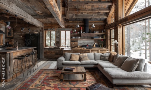 Rustic mountain cabin with modern amenities.