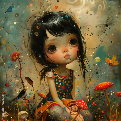 A girl in a flower field, looking upset, portrayed in a caricature style with abstract elements highlighting emotional turmoil amidst serene natural surroundings
