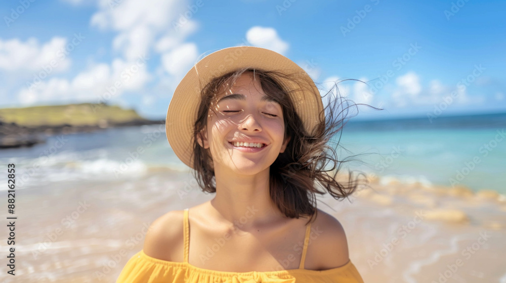 Girl enjoying the sound of waves sea with closed eyes on sunny day on the beach Girl enjoying the sound of waves sea with closed eyes on sunny day on the beach