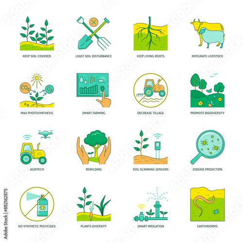Organic farming technologies icon set. Sustainable agriculture symbols. Vector illustration.