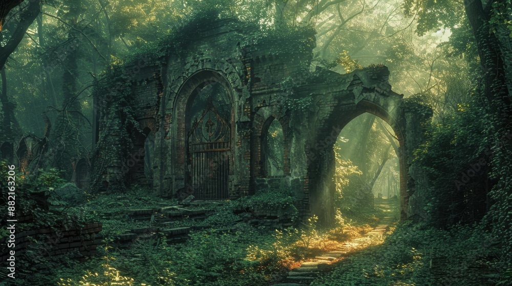 Mystic Forest: Enchanting Scene of Ancient Ruins and Overgrown Pathway
Mystic Forest: Enchanting Scene of Ancient Ruins and Overgrown Pathway
