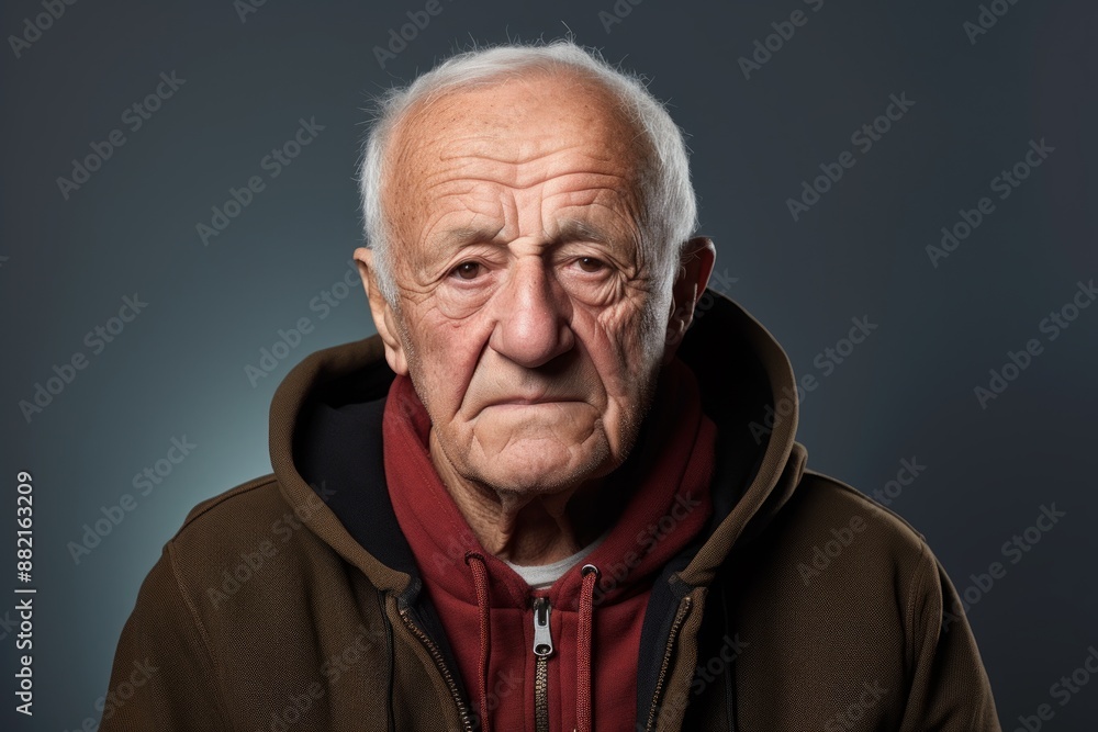 Portrait of a satisfied man in his 80s sporting a comfortable hoodie in front of plain cyclorama studio wall Portrait of a satisfied man in his 80s sporting a comfortable hoodie in front of plain cyclorama studio wall