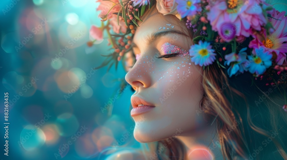 Tranquil close-up portrait of a woman in a flower crown, surrounded by a dreamy bokeh background, exuding a sense of peace and natural beauty Tranquil close-up portrait of a woman in a flower crown, surrounded by a dreamy bokeh background, exuding a sense of peace and natural beauty