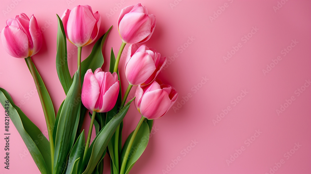 Elegant pink tulips with lush green leaves against a matching pink background with copy space - floral minimalist theme. Elegant pink tulips with lush green leaves against a matching pink background with copy space - floral minimalist theme.