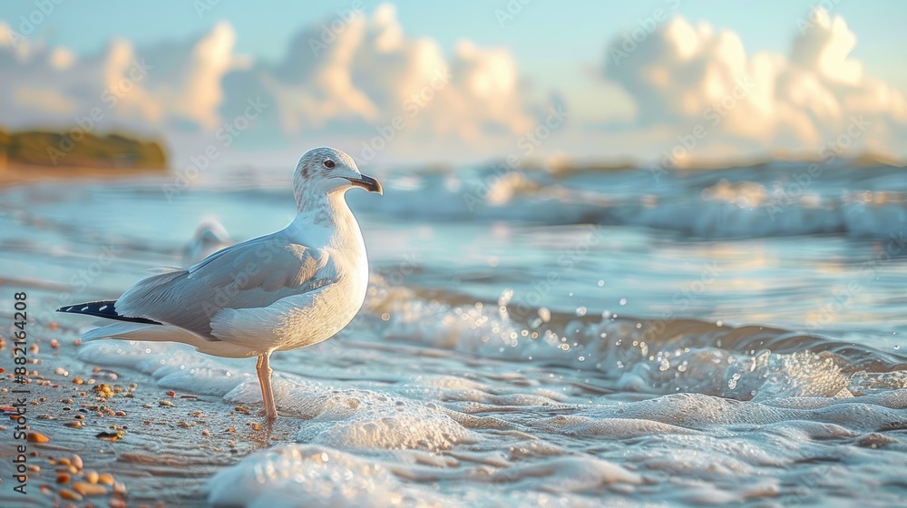 Seagull standing gracefully on sandy beach during a sunny afternoon with gentle ocean waves and a serene cloudy sky in the background Seagull standing gracefully on sandy beach during a sunny afternoon with gentle ocean waves and a serene cloudy sky in the background