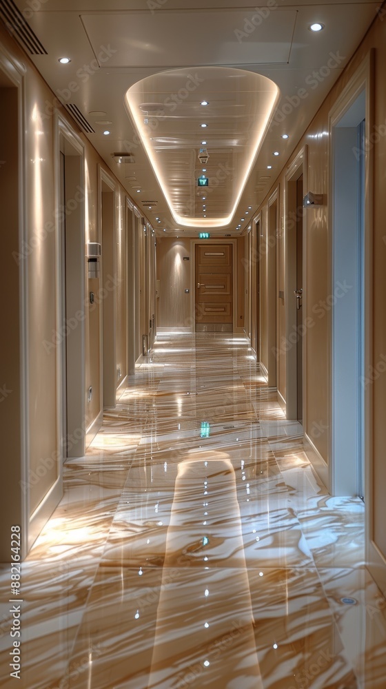 Obraz premium Modern hotel hallway with polished marble floors, elegant lighting fixtures, and a contemporary aesthetic design creating a luxurious ambiance