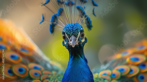 Blue peacock in the wild. Beautiful extreme close-up. Sri Lanka.