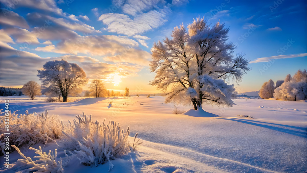 Beautiful winter landscape with snow covered trees and blue sky at sunset Beautiful winter landscape with snow covered trees and blue sky at sunset