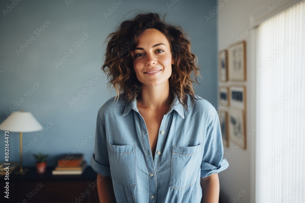 Portrait of a happy woman in her 30s sporting a versatile denim shirt while standing against crisp minimalistic living room Portrait of a happy woman in her 30s sporting a versatile denim shirt while standing against crisp minimalistic living room