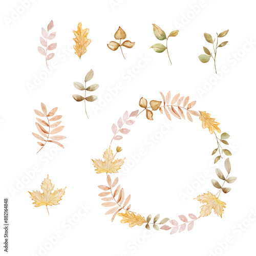 Autumn wreath with watercolor fall leaves