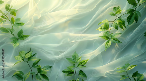 Delicate Green Leaves with Flowing White Fabric in a Soft Ethereal Design