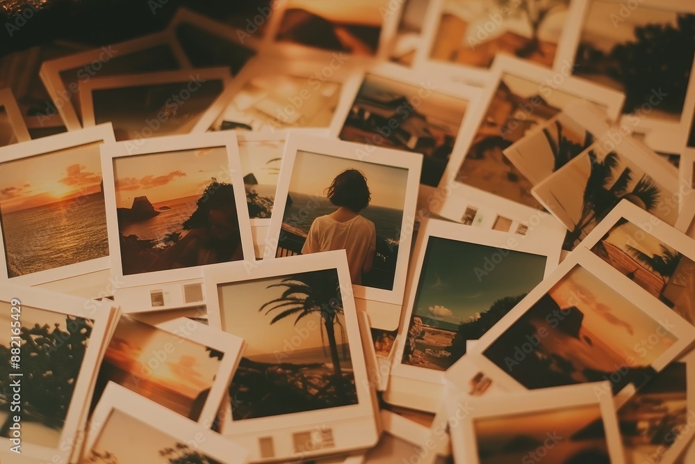 Collection of Polaroid Photographs Scattered on a Table Collection of Polaroid Photographs Scattered on a Table