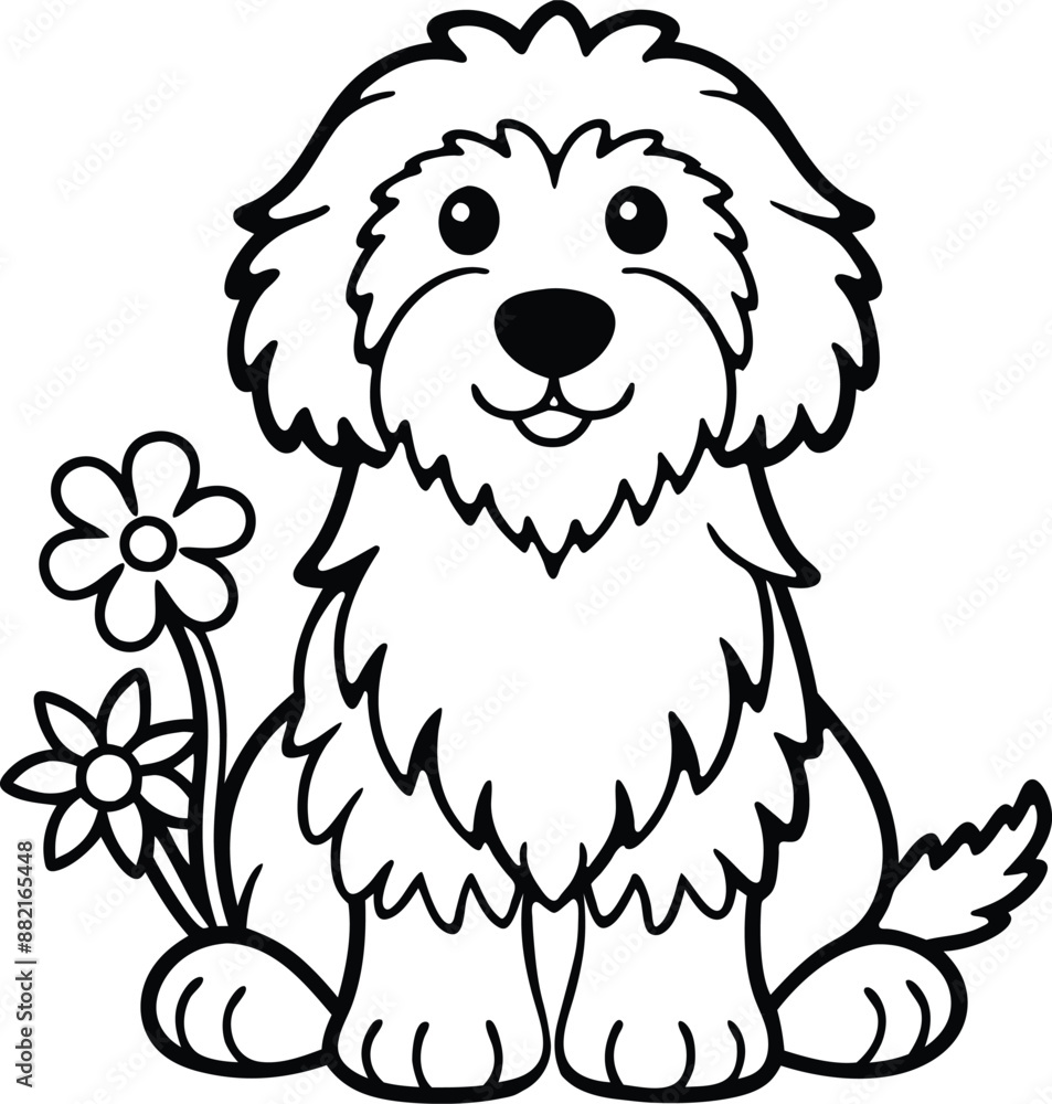 Cute old English sheep Dog and flowers Outline, isolated vector illustration Cute old English sheep Dog and flowers Outline, isolated vector illustration