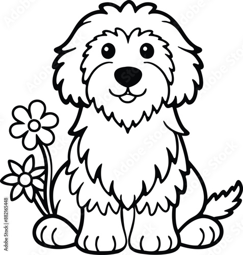 Cute old English sheep Dog and flowers Outline, isolated vector illustration 