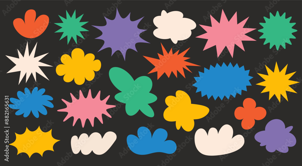 Set of hand drawn abstract doodle blank text frames. Colored textbox. Retro groovy shape. Empty speech bubbles on black background. Flat Vector Illustration EPS10 Set of hand drawn abstract doodle blank text frames. Colored textbox. Retro groovy shape. Empty speech bubbles on black background. Flat Vector Illustration EPS10