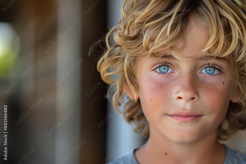 Expressive portrait of a young child with curly blonde hair, blue eyes, and freckles, capturing a thoughtful and serene expression with a blurred background Expressive portrait of a young child with curly blonde hair, blue eyes, and freckles, capturing a thoughtful and serene expression with a blurred background