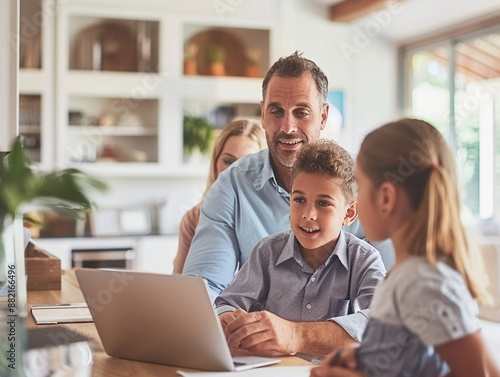 Father helping children with homework on laptop at home