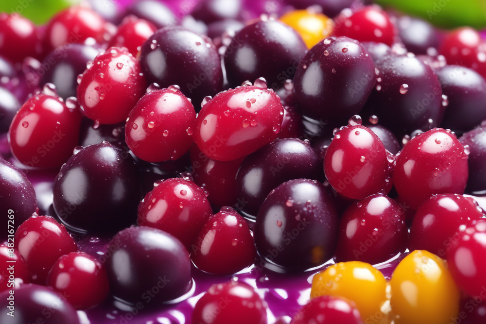 close up on splashed acai with colored berry fruit in colored background ,berry consept close up on splashed acai with colored berry fruit in colored background ,berry consept