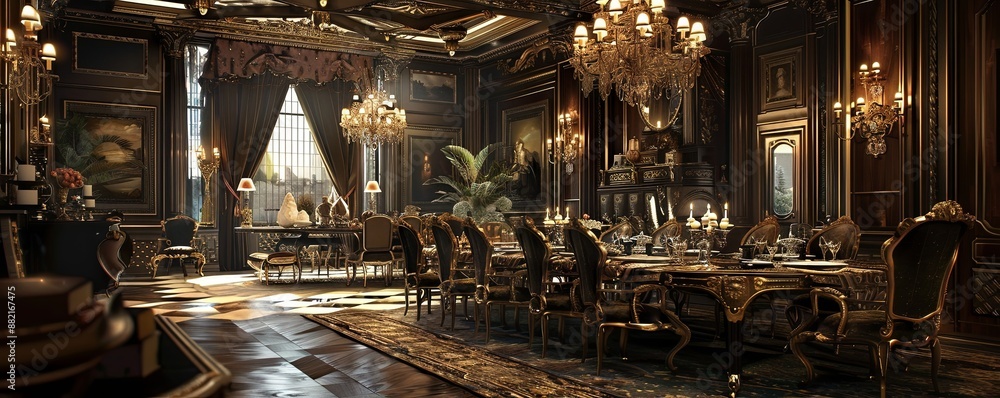 Lavish dining room with a grand table and opulent decor. Lavish dining room with a grand table and opulent decor.