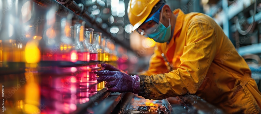 Industrial Worker Adjusting Chemical Bottles in a Factory Industrial Worker Adjusting Chemical Bottles in a Factory