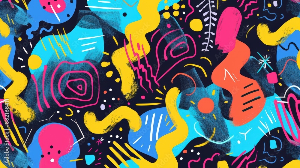 A fun and quirky pattern with abstract shapes and squiggles in bright, neon colors. The playful design is full of movement and creativity A fun and quirky pattern with abstract shapes and squiggles in bright, neon colors. The playful design is full of movement and creativity
