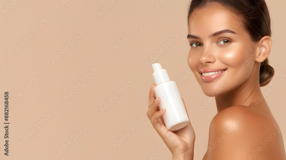 Smiling woman holding a skincare product bottle, perfect skin, beauty, and wellness - isolated on beige background. Smiling woman holding a skincare product bottle, perfect skin, beauty, and wellness - isolated on beige background.