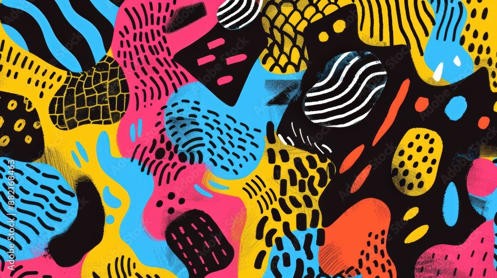 A fun and quirky pattern with abstract shapes and squiggles in bright, neon colors. The playful design is full of movement and creativity A fun and quirky pattern with abstract shapes and squiggles in bright, neon colors. The playful design is full of movement and creativity