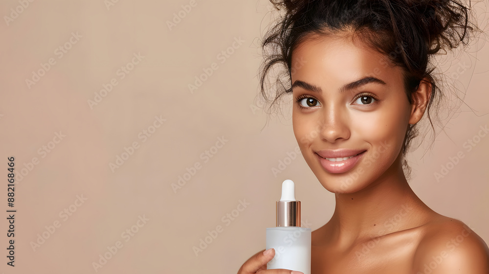 Smiling woman with flawless skin holding a serum bottle, promoting skincare and beauty products against a neutral background. Smiling woman with flawless skin holding a serum bottle, promoting skincare and beauty products against a neutral background.