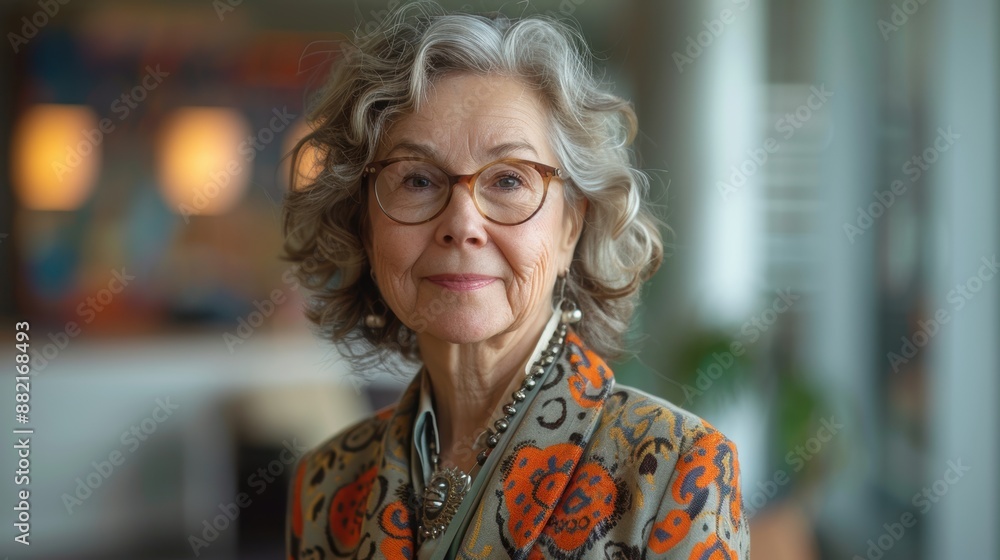 Elegant elderly woman with curly gray hair and glasses wearing a colorful patterned jacket, standing indoors with a soft thoughtful expression Elegant elderly woman with curly gray hair and glasses wearing a colorful patterned jacket, standing indoors with a soft thoughtful expression
