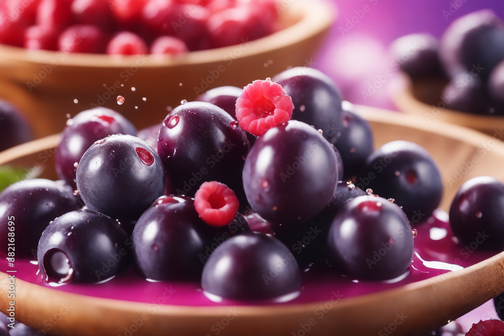 close up on splashed acai with colored berry fruit in colored background ,berry consept close up on splashed acai with colored berry fruit in colored background ,berry consept