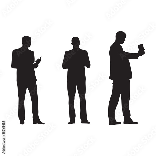 Set of presenting businessman with tablet in hand silhouette white background
