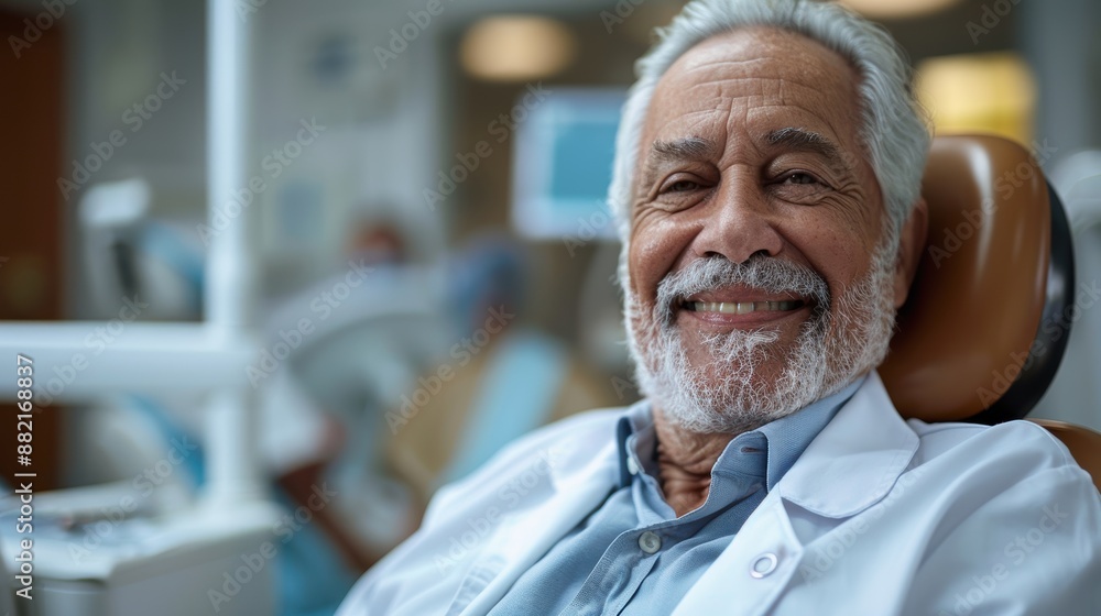 An elderly man with a cheerful demeanor sitting in a dentist's office and wearing a white coat, with medical equipment in the blurred background An elderly man with a cheerful demeanor sitting in a dentist's office and wearing a white coat, with medical equipment in the blurred background