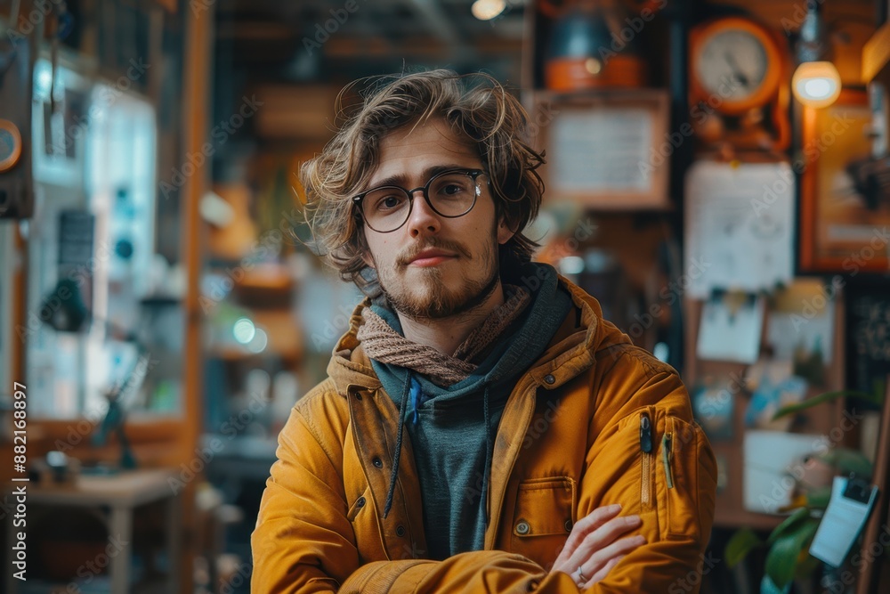 A young man with wavy hair and eyeglasses standing confidently with arms crossed in a cozy, cluttered indoor space filled with various objects and artwork A young man with wavy hair and eyeglasses standing confidently with arms crossed in a cozy, cluttered indoor space filled with various objects and artwork