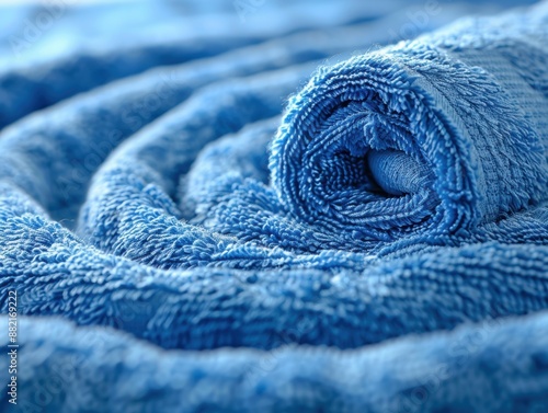 A close-up detailed image of a neatly rolled blue towel showcasing its textured surface, emphasizing the intricate patterns and soft fabric material in a spiral arrangement