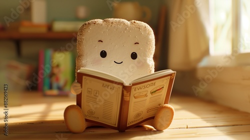 A delightful scene unfolds as a cute bread character sits comfortably, engrossed in reading a cartoon publication.

