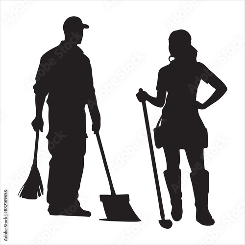 Cleaning service janitor workers silhouette white background

