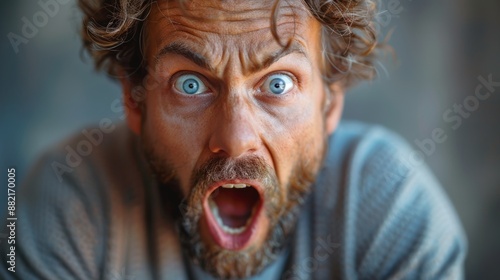 Astonished bearded man with disheveled hair and wide blue eyes looking directly at the camera with mouth open in sheer disbelief