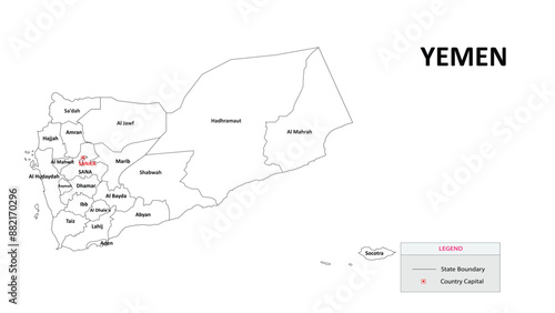Yemen Map. State and State map of Yemen. Administrative map of Yemen with States and boundaries in white color.