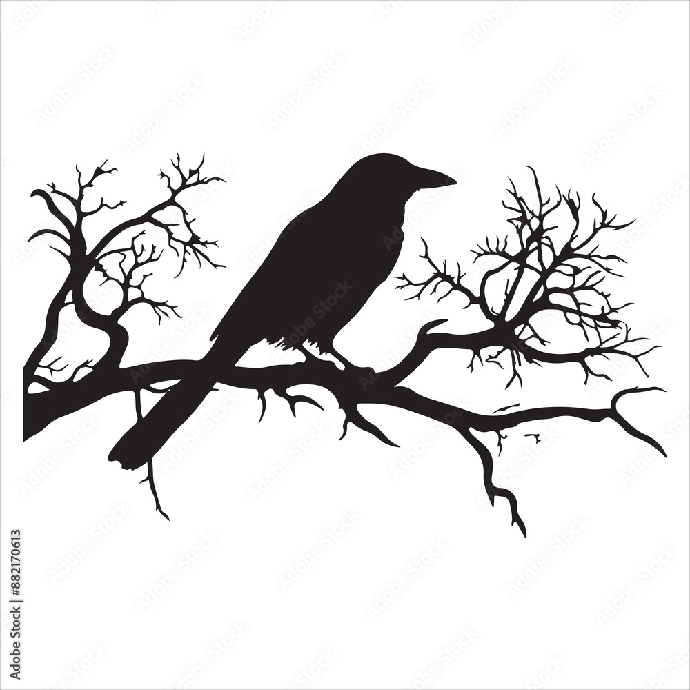 Ominous raven sitting on a bare tree branch silhouette white background
Ominous raven sitting on a bare tree branch silhouette white background