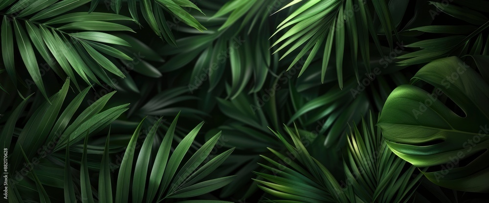 Dark green abstract background with palm leaves shadow, creating a mysterious and tropical atmosphere Dark green abstract background with palm leaves shadow, creating a mysterious and tropical atmosphere