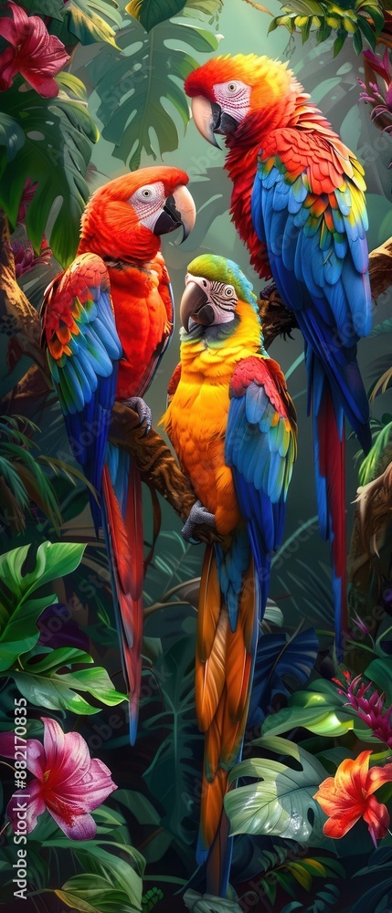 Obraz premium Colorful parrots perched on tropical branches, lush green leaves, bright and vivid lighting, exotic and detailed