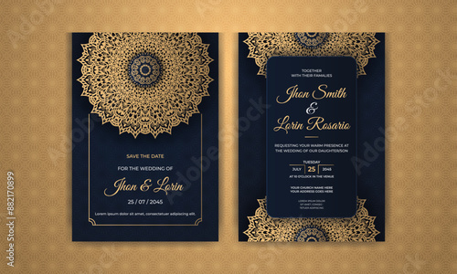 Luxury wedding invitation card with golden mandala with abstract ethnic pattern	