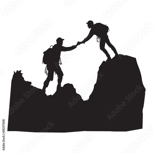Helping friend reach the mountain top silhouette white background
