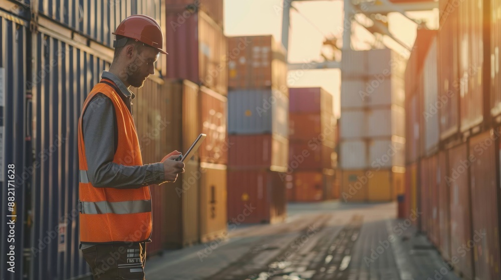 A worker in a hard hat and safety vest is using a tablet at a busy shipping port amid stacks of cargo containers during sunset. A worker in a hard hat and safety vest is using a tablet at a busy shipping port amid stacks of cargo containers during sunset.